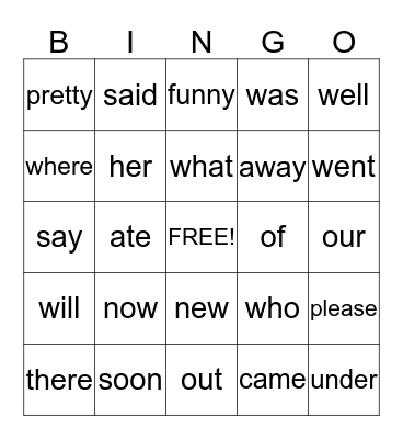 Sight word Bingo-kindergarten Bingo Card