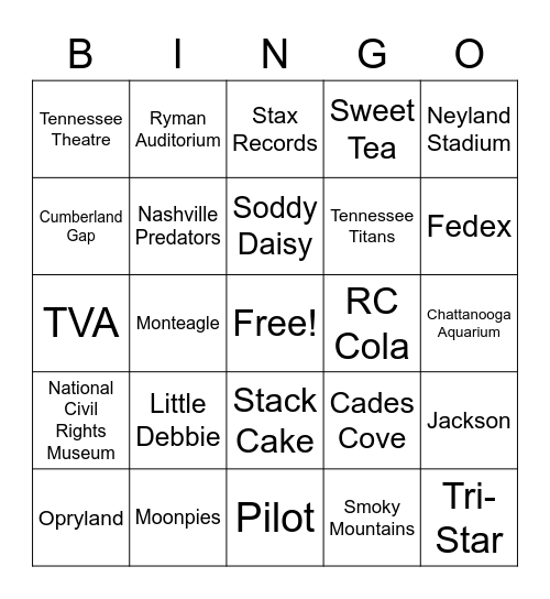 Tennessee Bingo Card