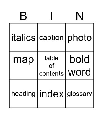 Text Features Bingo Card