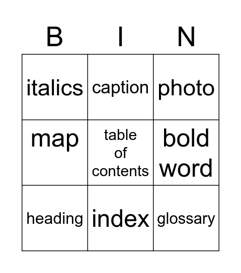 Text Features Bingo Card