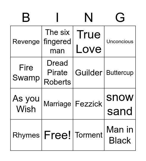 The Princess Bride Bingo Card