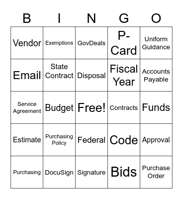 Purchasing / Finance Training 2021 Bingo Card