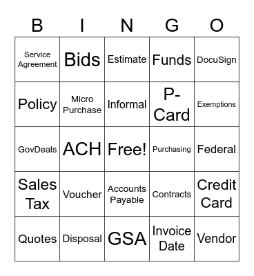 Purchasing / Finance Training 2021 Bingo Card