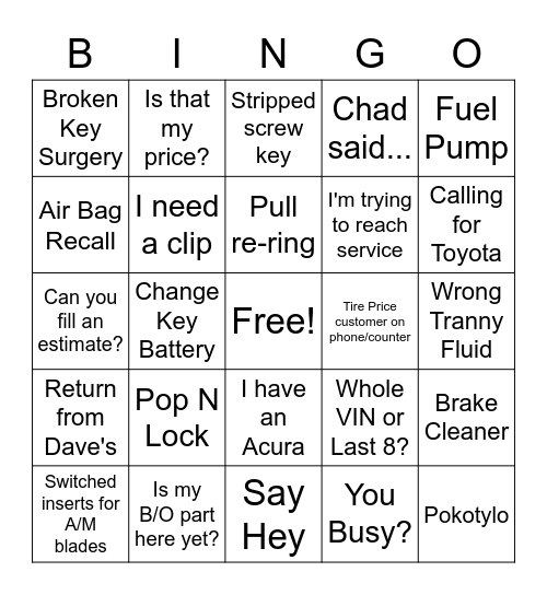 Parts Dept. Bingo! Bingo Card