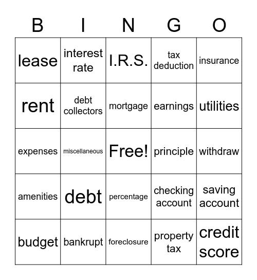 Financial Literacy Vocabulary Bingo Card