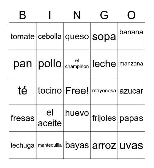 food bingo Card