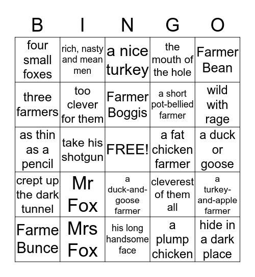 Fantastic Mr Fox by Roald Dahl Bingo Card