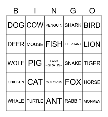 ANIMALS Bingo Card