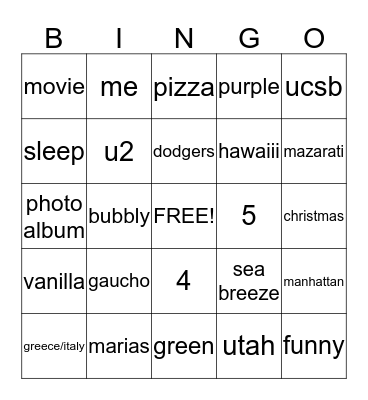 kelseys wedding shower bingo Card