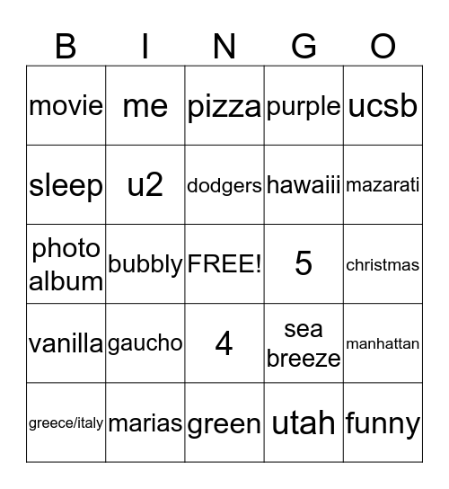 kelseys wedding shower bingo Card