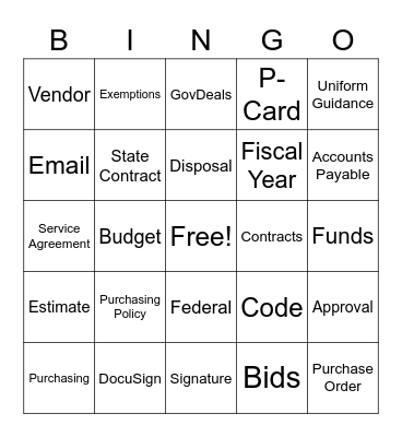 Purchasing / Finance Training 2021 Bingo Card