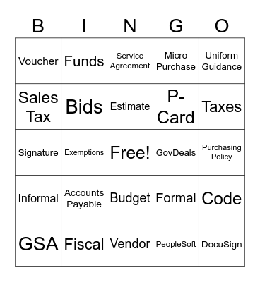 Purchasing / Finance Training 2021 Bingo Card