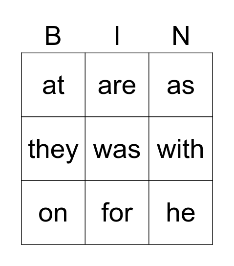 Sight Word Bingo Card