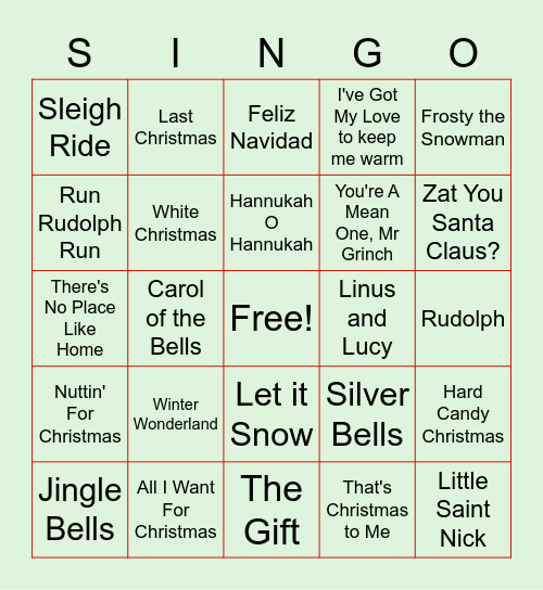 Holiday Singo Bingo Card