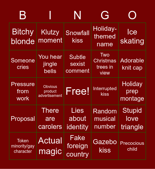 Cheesy Holiday Movie Bingo Card
