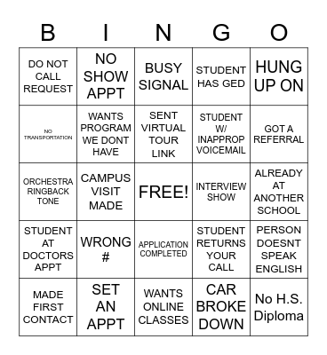 ADMISSIONS BINGO Card
