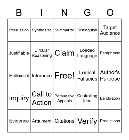 Unit 3 Vocabulary: Public Service Announcement Bingo Card