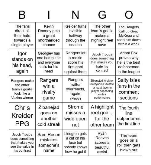 Rangers Bingo Card