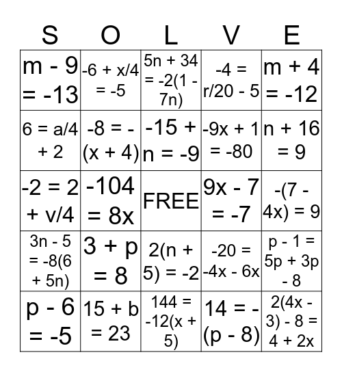 Solving Equations Bingo Card