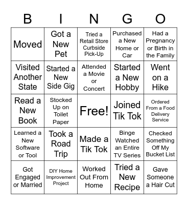 Life Events Bingo Card