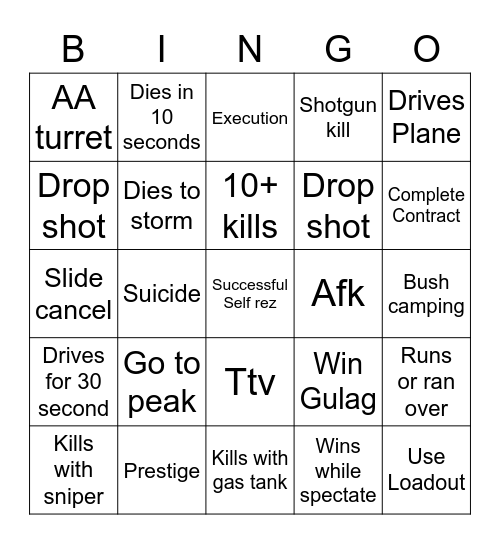 Warzone pacific bingo Card