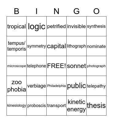 Greek/Latin Root Bingo Card