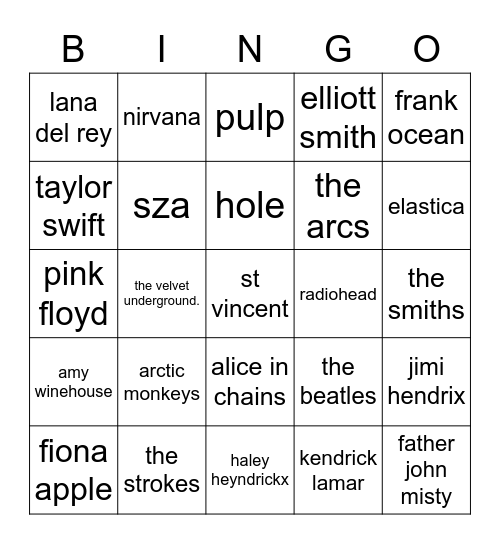 Music Taste Bingo Card