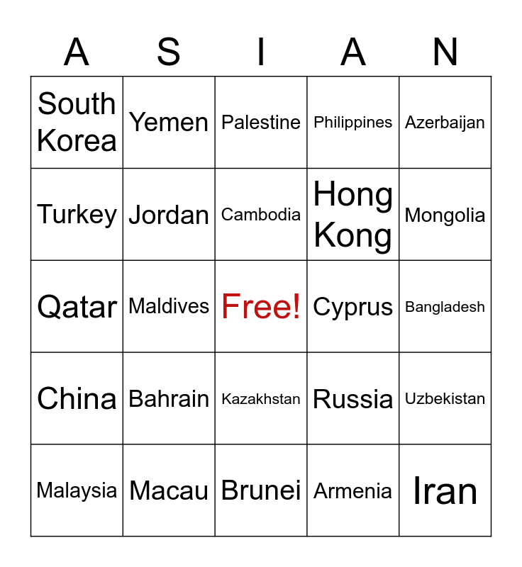 Asia Bingo Card