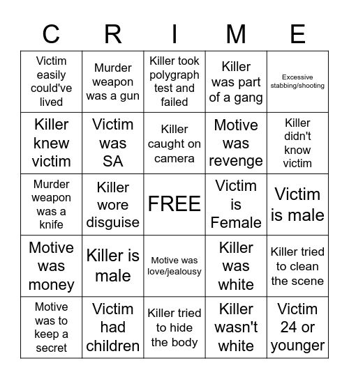 True Crime Bingo Card