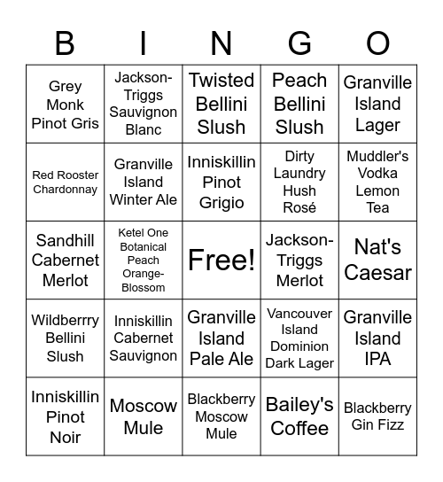 Drinks Bingo Card