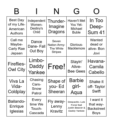 Music Bingo 2000's & 2010's Bingo Card