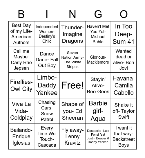 Music Bingo 2000's & 2010's Bingo Card