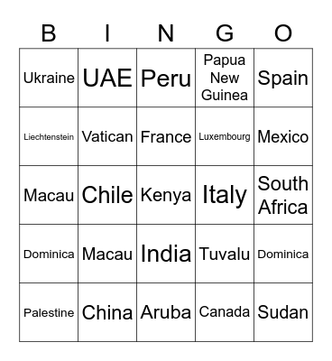 Country Bingo Card