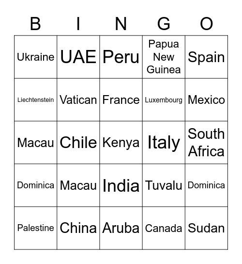 Country Bingo Card
