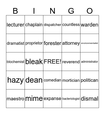 vocabulary Bingo Card