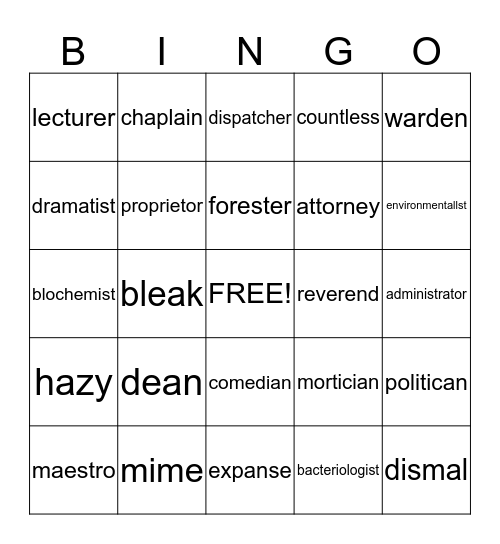 vocabulary Bingo Card