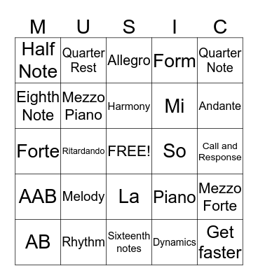 MUSIC Bingo Card