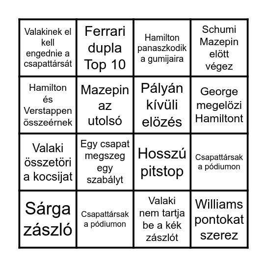 F1 Bingo Card