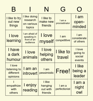 My Personality Traits Bingo Card