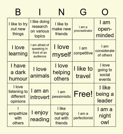 My Personality Traits Bingo Card