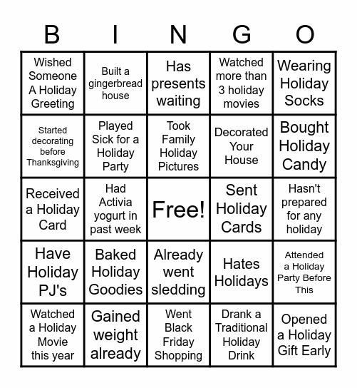 Holiday Fun Bingo Card