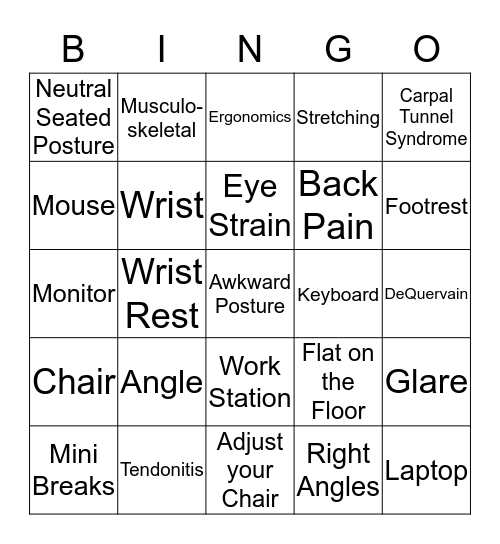 Ergonomics Bingo Card