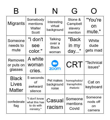 Zoom Anti-Racist Training, 2021 edition Bingo Card