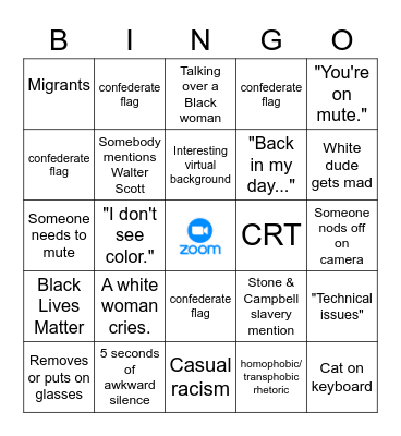 Zoom Anti-Racist Training, 2021 edition Bingo Card