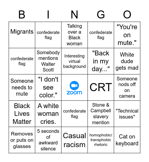 Zoom Anti-Racist Training, 2021 edition Bingo Card