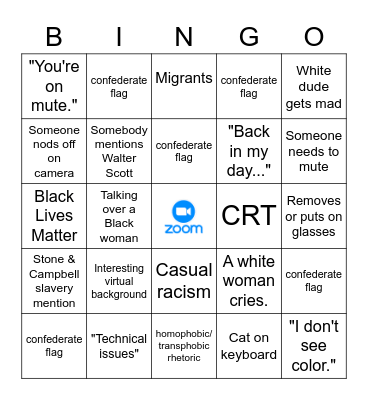 Zoom Anti-Racist Training, 2021 edition Bingo Card
