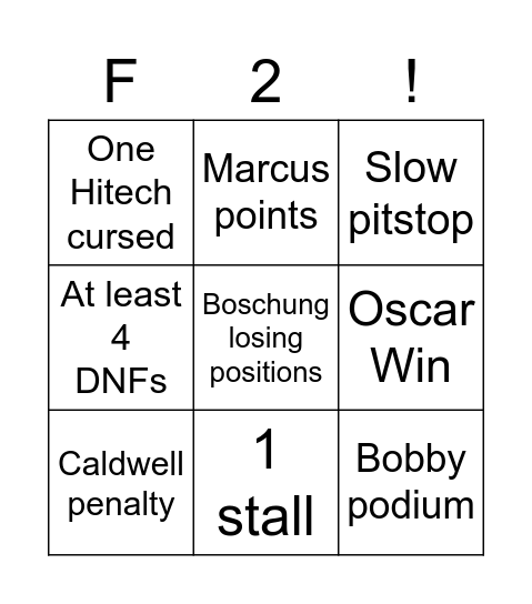 Feature Race Bingo Card