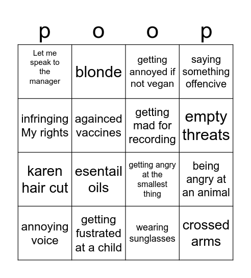 karen list Bingo Card