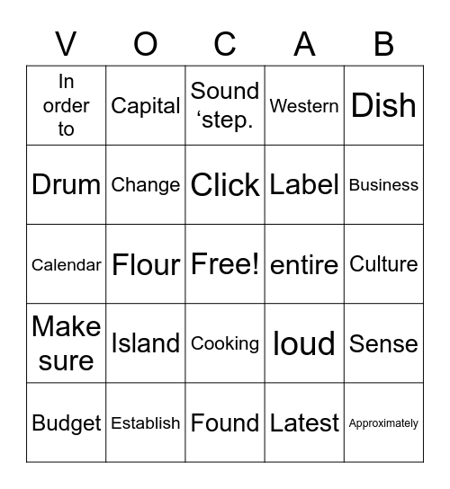 Vocabulary Review! Bingo Card