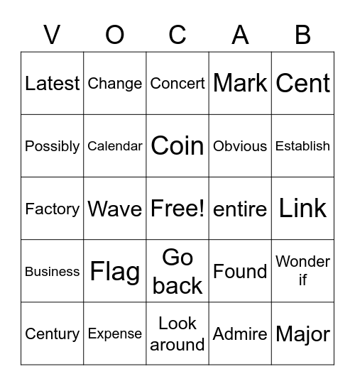 Vocabulary Review! Bingo Card